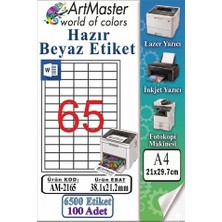 ArtMaster A4 Hazır Beyaz Etiket 38.1X21.2MM 100 Sayfa 1 Paket 65 Li Kendinden Yapışkanlı Fotokopi Lazer Inkjet Kağıdı Yazıcılar