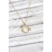 Callerrons Accessories Zincir Gold Renk Ay Yıldız Model Zirkon Taşlı Kadın Kolye // XD-BKO10905-ST