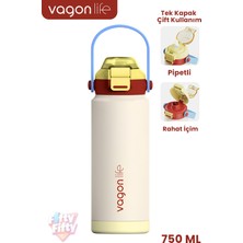 Vagonlife 750 ml Tek Kapak Çift Kullanım Pipetli Rahat Içim Kulplu Paslanmaz Çelik Termos FF1108-750ML