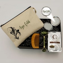 As Gift Kişiye Özel Kanvas Makyaj Çantası & Ayna & Tarak & Yeşim Masaj Taşı Roller & Kil Maskesi