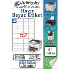 ArtMaster A4 Hazır Beyaz Etiket 46.4X21.2MM 100 Sayfa 1 Paket 52 Li Yapışkanlı Fotokopi Lazer Inkjet Kağıdı Yazıcılar Için Uyumlu
