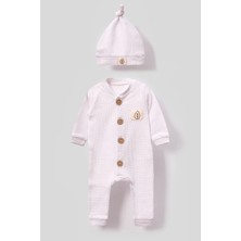 Bubito Unisex Tahta Düğme Görselli Şapkalı Waffle Bebek Tulum - Beyaz