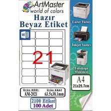 ArtMaster A4 Hazır Beyaz Etiket 63.5X38.1MM 100 Sayfa 1 Paket 21 Li Kendinden Yapışkanlı Fotokopi Lazer Inkjet Kağıdı Yazıcılarla