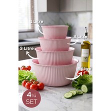 Vienev 4'lü Mega Boy Plastik Karıştırma ve Saklama Kase Seti Pembe | 1l, 2l, 3l, 5l