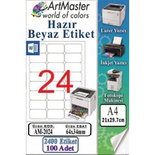 ArtMaster A4 Hazır Beyaz Etiket 64X34 mm 100 Sayfa 1 Paket 24 Lü Kendinden Yapışkanlı Fotokopi Lazer Inkjet Kağıdı Yazıcılar Için