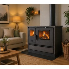 Mat Siyah 45’lik Fırınlı Kuzine Soba – Camlı Şömine Tipi Döküm Odun & Kömür Sobası (Dorello MF45)