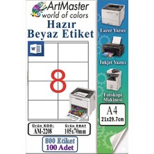 ArtMaster A4 Hazır Beyaz Etiket 105X70 mm 100 Sayfa 1 Paket 8 Li Kendinden Yapışkanlı Fotokopi Lazer Inkjet Kağıdı Yazıcılar Için