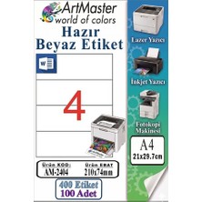 ArtMaster A4 Hazır Beyaz Etiket 210X74.25MM 100 Sayfa 1 Paket 4 Lü Kendinden Yapışkanlı Fotokopi Lazer Inkjet Kağıdı Yazıcılar