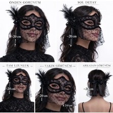 Pileli Store Siyah Dantel Tüllü Peçeli Parti Maskesi - Tüylü Inci Detaylı