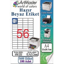 ArtMaster A4 Hazır Beyaz Etiket 52.5X21.2MM 100 Sayfa 1 Paket 56LI Kendinden Yapışkanlı Fotokopi Lazer Inkjet Kağıdı Yazıcılar