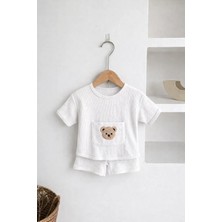 Bubito Ayılı Cep Görselli Pamuklu Yazlık Bebek Çocuk Şort Takım-Beyaz