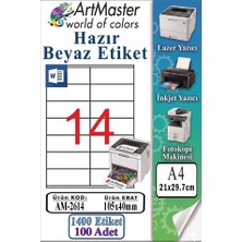 ArtMaster A4 Hazır Beyaz Etiket 105X40MM 100 Sayfa 1 Paket 14 Lü Kendinden Yapışkanlı Fotokopi Lazer Inkjet Kağıdı Yazıcılar Için