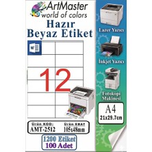 ArtMaster A4 Hazır Beyaz Etiket 105X46 mm 100 Sayfa 1 Paket 12 Li Kendinden Yapışkanlı Fotokopi Lazer Inkjet Kağıdı Yazıcılar Için