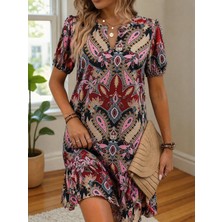 Flamex Kadın Kısa Kollu V Yakalı Desenli Kısa Süprem Elbise