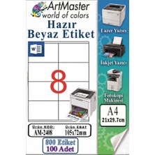 ArtMaster A4 Hazır Beyaz Etiket 105X72MM 100 Sayfa 1 Paket 8 Li Kendinden Yapışkanlı Fotokopi Lazer Inkjet Kağıdı Yazıcılar Için