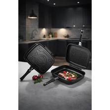 Promostar Titan Grill 36 cm Granit Çift Taraflı Tava – Yanmaz Yapışmaz, Kilitli Kapaklı Balık & Gözleme & Izgara Tavası