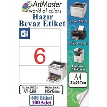 ArtMaster A4 Hazır Beyaz Etiket 105X99 mm 100 Sayfa 1 Paket 6 Lı Kendinden Yapışkanlı Fotokopi Lazer Inkjet Kağıdı Yazıcılar Için
