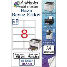 ArtMaster A4 Hazır Beyaz Etiket 95.5X65.5 mm 8 Li 10 Sayfa 1 Paket Kendinden Yapışkanlı Fotokopi Lazer Inkjet Kağıdı Yazıcılar