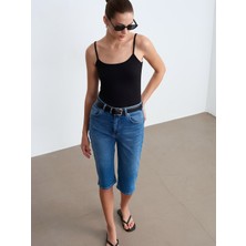 Dilvin 72311 Yırtmaçlı Denim Kapri Kadın Mavi Yüksek Bel Rahat Kesim Yazlık Tasarım