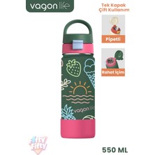Vagonlife 550 ml Desenli Tek Kapak Çift Kullanım Pipetli Rahat Içim Kulplu Paslanmaz Çelik Termos 1109-550ML