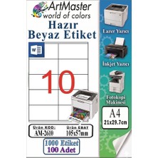ArtMaster A4 Hazır Beyaz Etiket 105X57 mm 100 Sayfa 1 Paket 10 Lu Kendinden Yapışkanlı Fotokopi Lazer Inkjet Kağıdı Yazıcılar Için