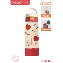 Vagonlife 550 ml Desenli Tek Kapak Çift Kullanım Pipetli Rahat Içim Kulplu Paslanmaz Çelik Termos 1109-550ML