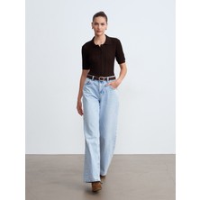 Dilvin 72288 %100 Pamuk Kemerli Wide Leg Jean-Mavi