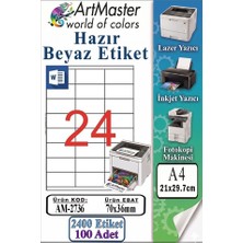 ArtMaster A4 Hazır Beyaz Etiket 70X36 mm 100 Sayfa 1 Paket 24 Lü Kendinden Yapışkanlı Fotokopi Lazer Inkjet Kağıdı Yazıcılar Için