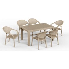 Asil Konsept 90 x 150 Bambu Plastik Rattan Camsız Bahçe Balkon Teras Masa Takımı 6 Kolçaklı Sandalyeli