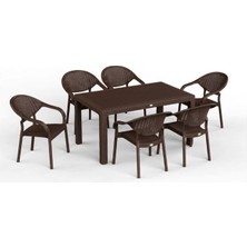 Asil Konsept 90 x 150 Bambu Plastik Rattan Camsız Bahçe Balkon Teras Masa Takımı 6 Kolçaklı Sandalyeli