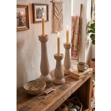 Maun 3’lü Egzotik Ahşap Obje ve Şamdan Seti - El Oyması Boho Stil Whitewash Dekor