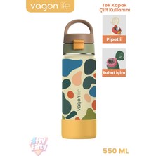 Vagonlife 550 ml Desenli Tek Kapak Çift Kullanım Pipetli Rahat Içim Kulplu Paslanmaz Çelik Termos 1109-550ML