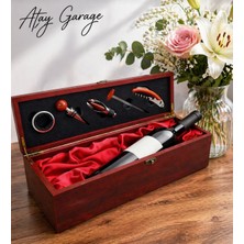 Atay Garage Lüks Ahşap Kutu Tirbuşon Seti 5 Parça Profesyonel Şarap Tirbişon Aksesuarları