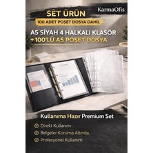 Karmaofis A5 Siyah 4 Halkalı Klasör + 100 Adet A5 Poşet Dosya Seti | Suni Deri Ajanda Organizer