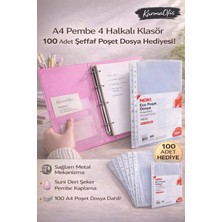 Karmaofis A4 Pembe 4 Halkalı Klasör + 100’LÜ Poşet Dosya Seti Suni Deri Metal Mekanizmalı