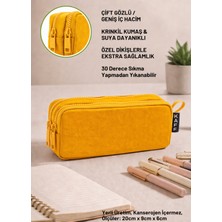 Kaff 01105 Krinkıl Kumaş Yıkanabilir Çift Bölmeli Gözlü Kalemlik Kalem Kutusu - Sarı