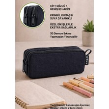 Kaff 01105 Krinkıl Kumaş Yıkanabilir Çift Bölmeli Gözlü Kalemlik Kalem Kutusu - Siyah