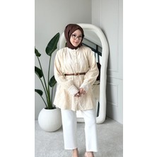 Trendparis Fisto Işlemeli Hakim Yaka Pamuklu Tunik Gömlek Ekru