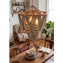 Doğal Rattan El Örmesi Gri Ahşap Boncuklu Avize - Iskandinav & Boho Salon Mutfak Aydınlatması