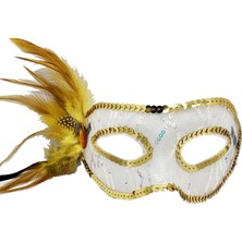 Luord-Store Altın Renk Yandan Tüylü Pul Payet Işlemeli Parti Maskesi 23X12 cm