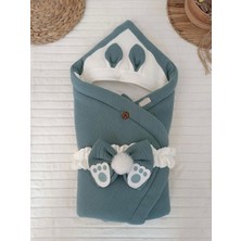 Luord-Store Yenidoğan 4 Kat Müslin Kumaş Kulaklı Patili Fiyonk Bebek Battaniyesi Kundak Kahverengi