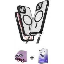 Marsilyan™- iPhone 14 Kılıf Atlas Doku Koleksiyonu - Siyah Bilvis 5in1 5d Magic Hayalet Cam Ekran Koruyucu + Kırmızı Raze Metal Kamera Lens