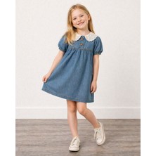 Yiğit Butik Kız Çocuk Kot Elbise Dantelli Yaka Şık Günlük Elbise