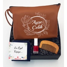 As Gift Kişiye Özel Kahverengi Makyaj Çantası & Tarak & Pastel Oje