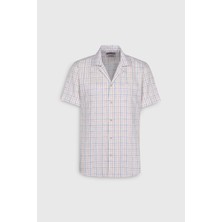 Altınyıldız Classics Erkek Ekru-Mavi Slim Fit Dar Kesim %100 Pamuk Kuba Yaka Çizgili Gömlek
