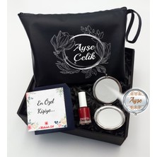 As Gift Kişiye Özel Siyah Makyaj Çantası & Makyaj Aynası & Pastel Oje