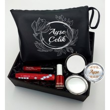 As Gift Kişiye Özel Siyah Makyaj Çantası & Makyaj Aynası & Pastel Maskara & Pastel Oje & Pastel Ruj