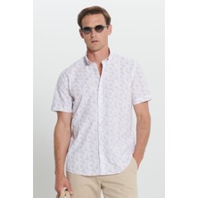 Altınyıldız Classics Erkek Beyaz-Bej %100 Pamuk Baskılı Slim Fit Dar Kesim Düğmeli Yaka Gömlek