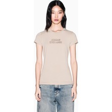 Armani Exchange Kadın Yuvarlak Yaka Pamuklu Kısa Kol Logo Yazı Desenli Bej T-Shirt XW002293 AF17173-U6223