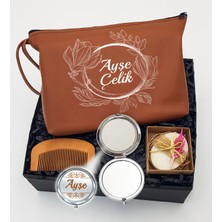 As Gift Kişiye Özel Kahverengi Makyaj Çantası & Tarak & Kokulu Sabun & Makyaj Aynası